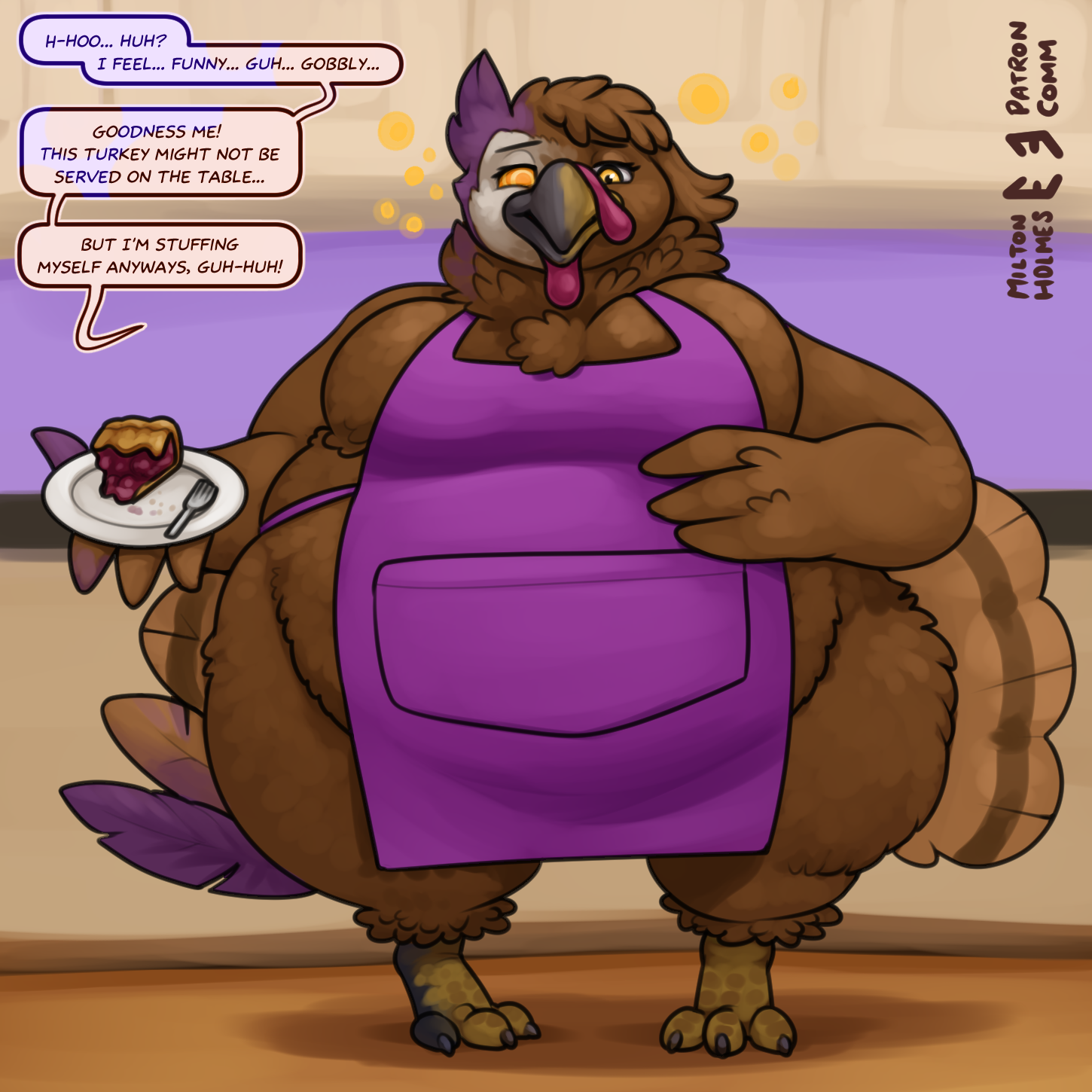 Mid-transformation of an owl guy turning into a chubby turkey woman