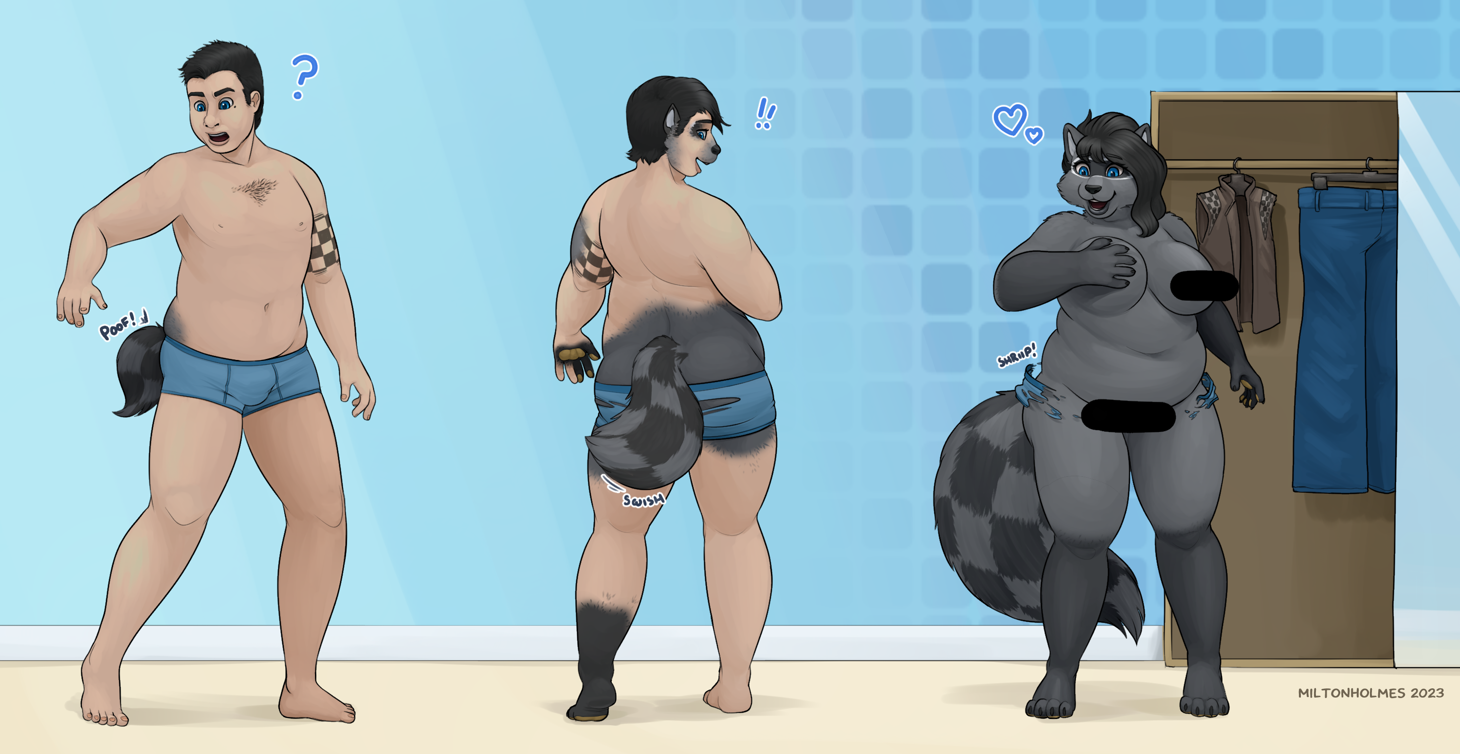 three stage sequence of a man in his underwear turning into a short, chubby raccoon lady